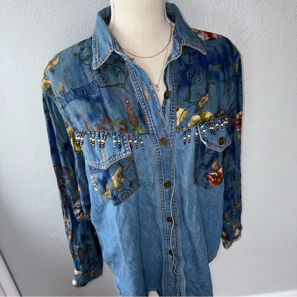Vintage Bead Saint Germain Paris Embellished Floral Denim Button-Up Shirt Medium